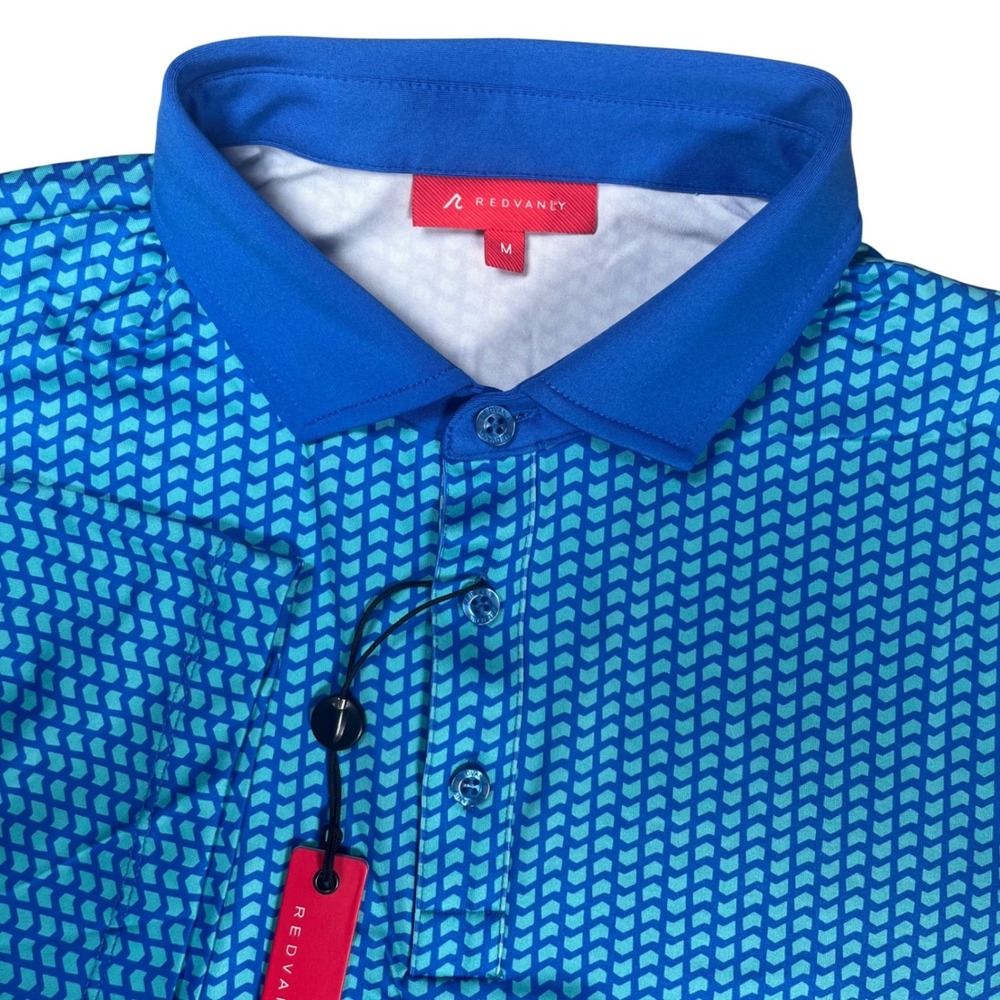 New Redvanly Graine Polo Mens Medium Marine Blue Geometric Print Golf Shirt‎